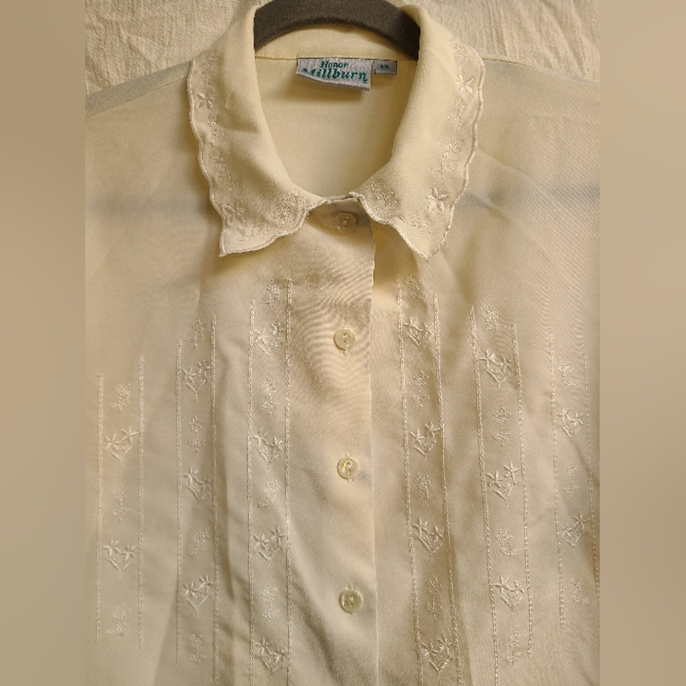 Semi-Sheer Cream Embroidered Scalloped Collar Blouse